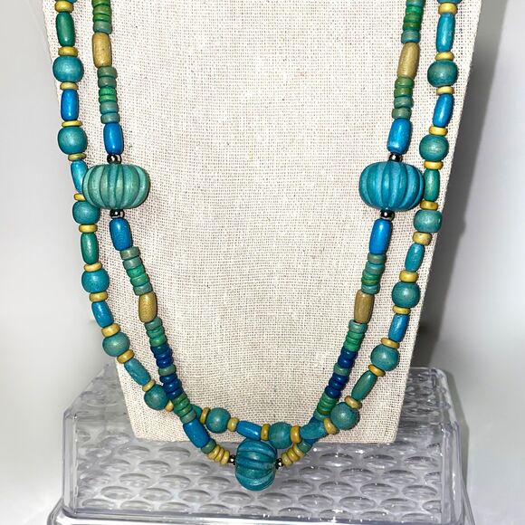 Vintage Teal Beige Wood Necklace Multi Strand Beads Boho Layered Beaded - Picture 3 of 8